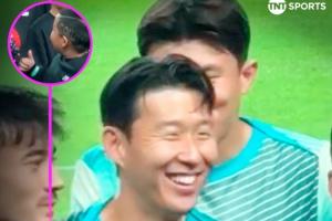 可爱😋对阵巴拉圭合影环节，孙兴慜与SONNY发型的小球迷打招呼