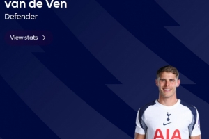 梅开二度！英超官方：范德芬当选热刺3-0埃弗顿全场最佳