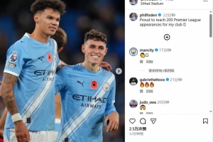 福登社媒晒图庆祝里程碑：很荣幸代表我的俱乐部在英超出场200次